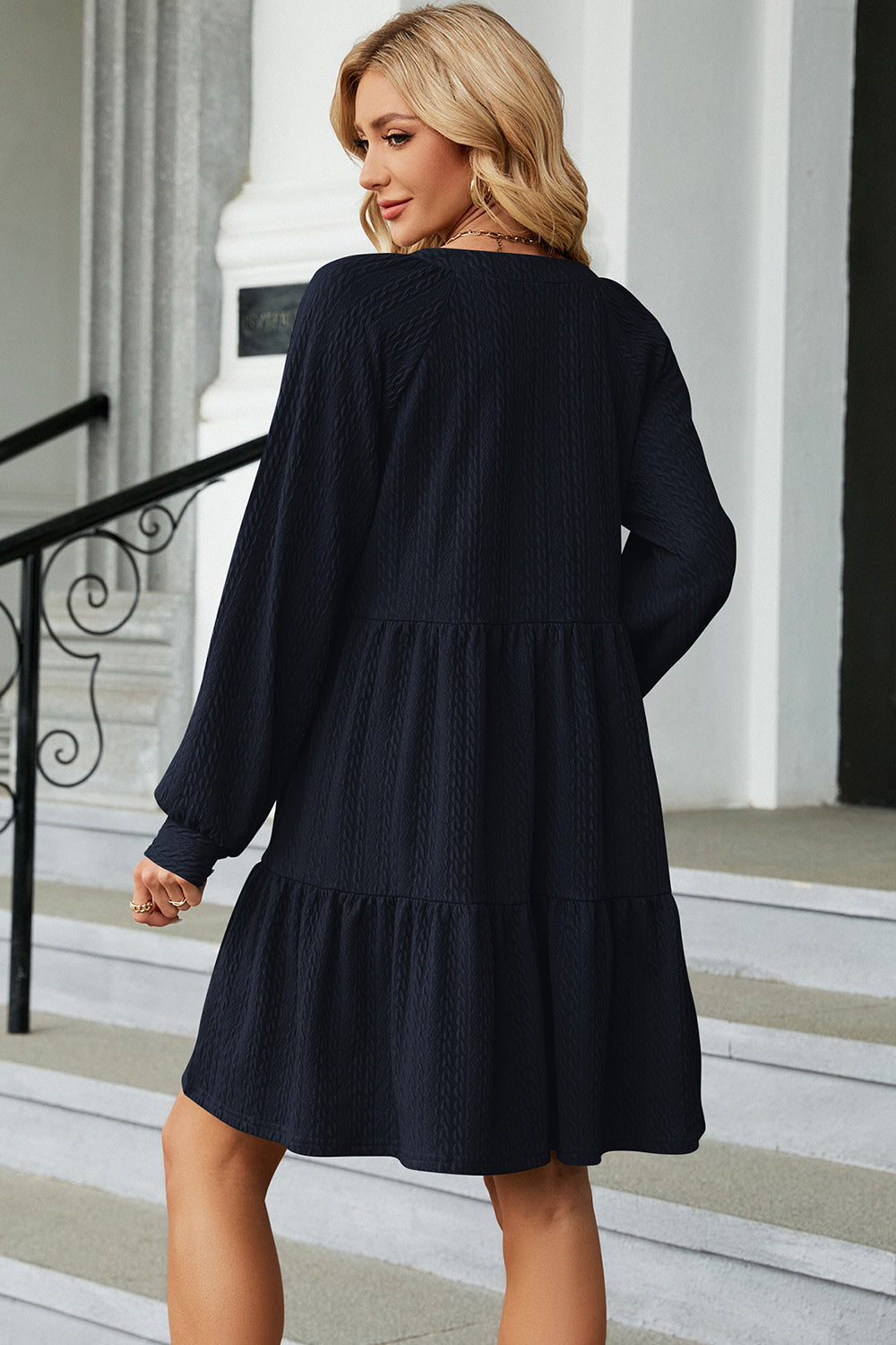 Ruched Notched Long Sleeve Mini Dress - store name